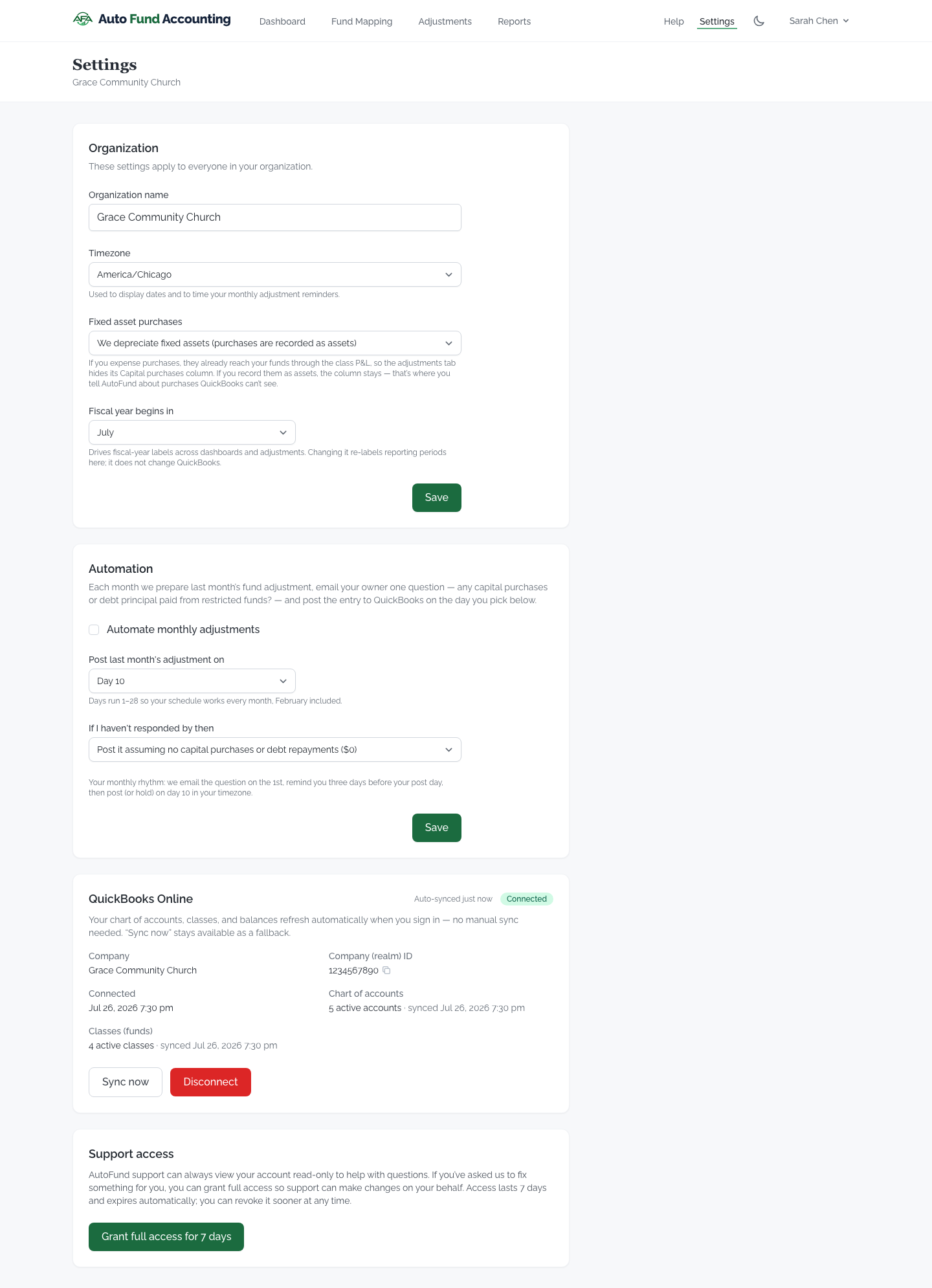 Organization, automation, connection, and support settings